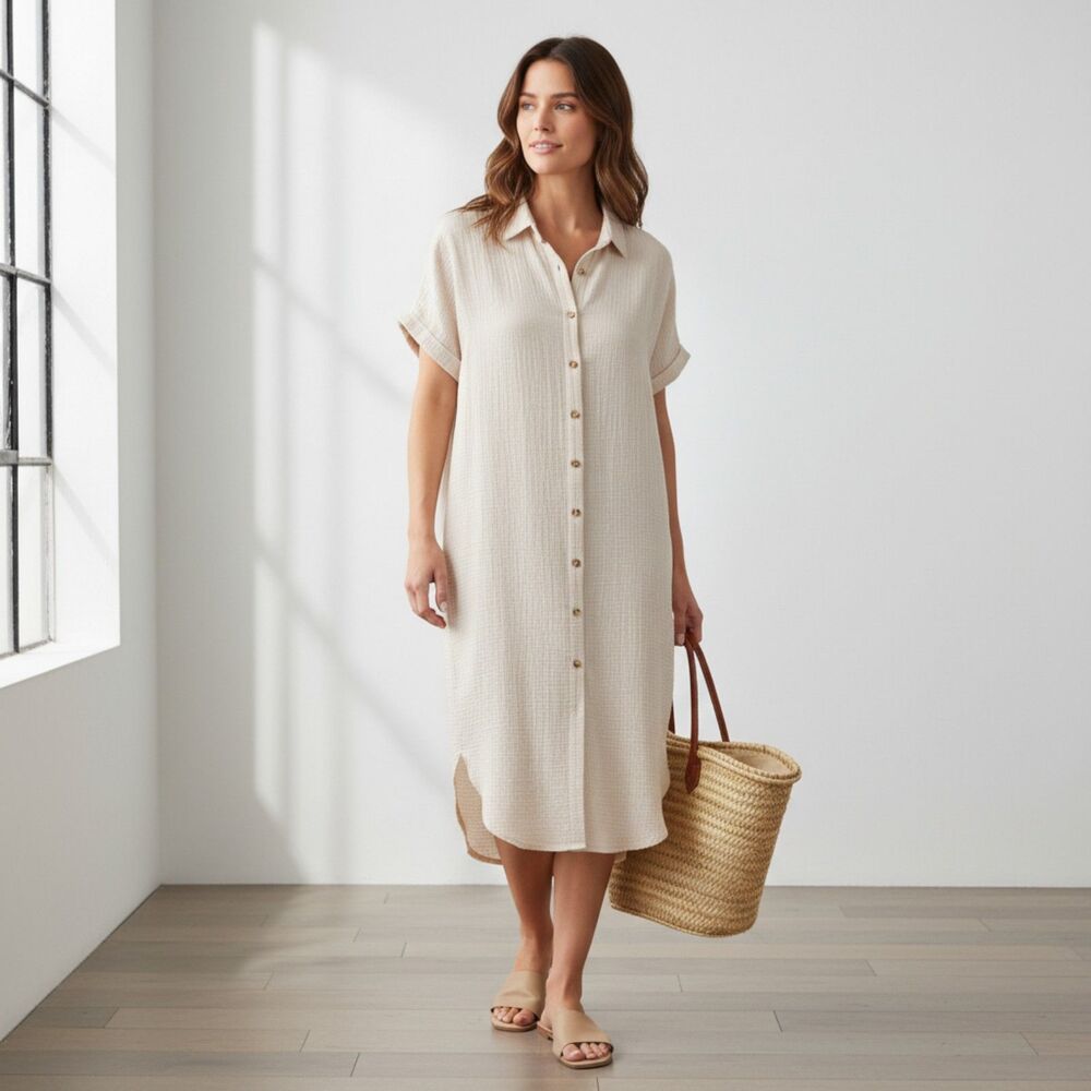Womens Oversized Shirt Dress M Nude Pink Textured Gauze Button Down Side Slits